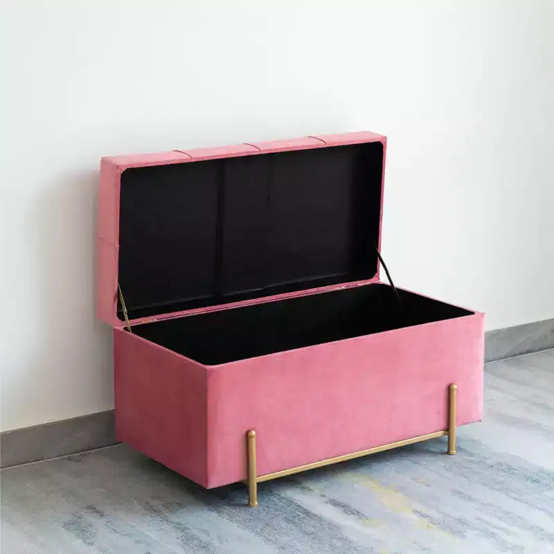 Grand pouf de rangement rectangulaire en velours avec pieds dorés | Banc d'assise pour la décoration de la maison du salon avec support cylindrique doré