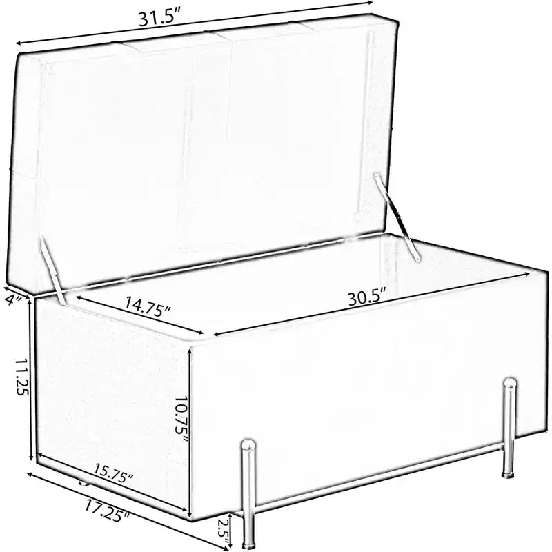 Grand pouf de rangement rectangulaire en velours avec pieds dorés | Banc d'assise pour la décoration de la maison du salon avec support cylindrique doré