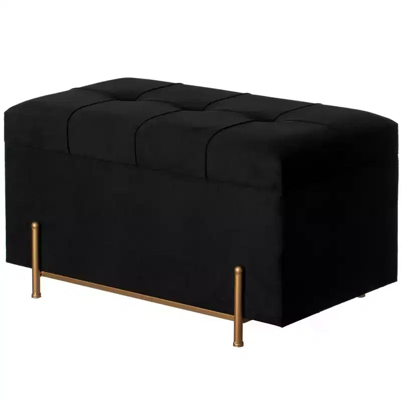 Grand pouf de rangement rectangulaire en velours avec pieds dorés | Banc d'assise pour la décoration de la maison du salon avec support cylindrique doré