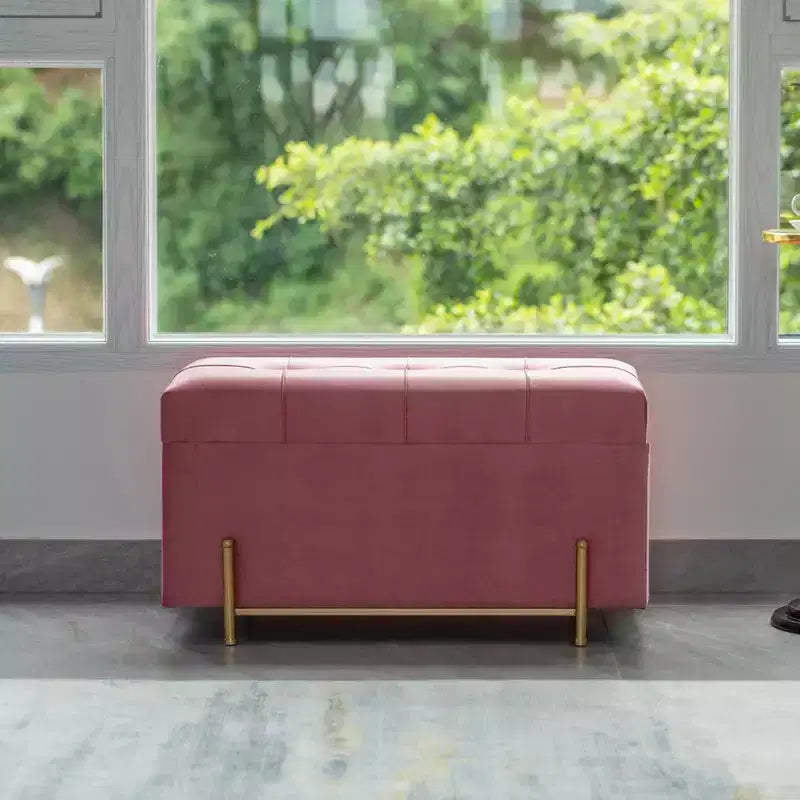 Grand pouf de rangement rectangulaire en velours avec pieds dorés | Banc d'assise pour la décoration de la maison du salon avec support cylindrique doré