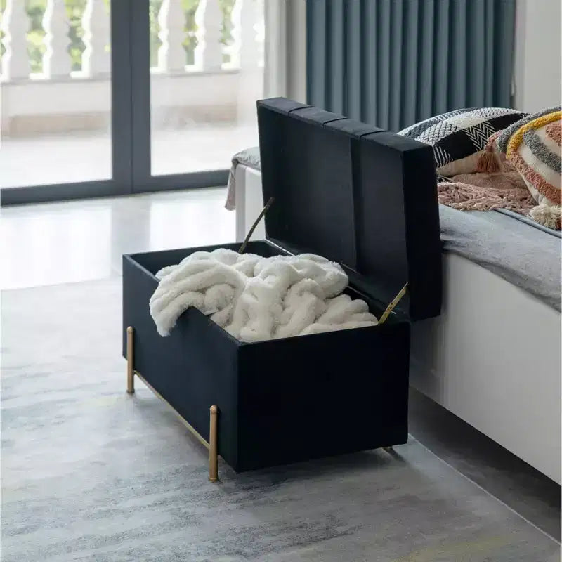 Grand pouf de rangement rectangulaire en velours avec pieds dorés | Banc d'assise pour la décoration de la maison du salon avec support cylindrique doré