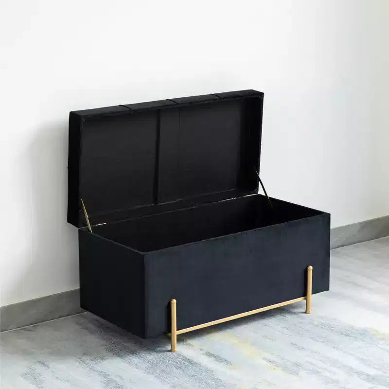 Grand pouf de rangement rectangulaire en velours avec pieds dorés | Banc d'assise pour la décoration de la maison du salon avec support cylindrique doré