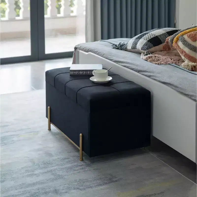 Grand pouf de rangement rectangulaire en velours avec pieds dorés | Banc d'assise pour la décoration de la maison du salon avec support cylindrique doré