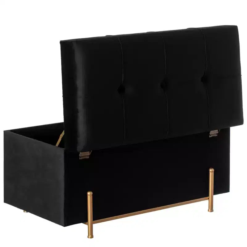 Grand pouf de rangement rectangulaire en velours avec pieds dorés | Banc d'assise pour la décoration de la maison du salon avec support cylindrique doré