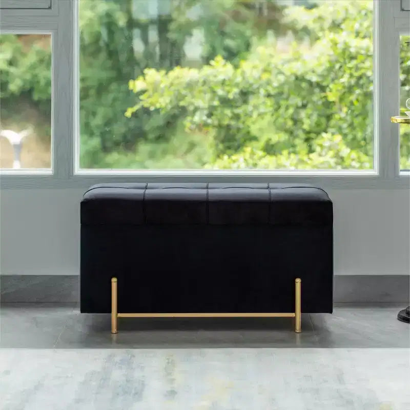 Grand pouf de rangement rectangulaire en velours avec pieds dorés | Banc d'assise pour la décoration de la maison du salon avec support cylindrique doré