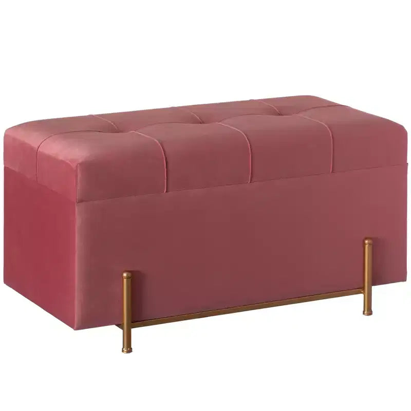 Grand pouf de rangement rectangulaire en velours avec pieds dorés | Banc d'assise pour la décoration de la maison du salon avec support cylindrique doré